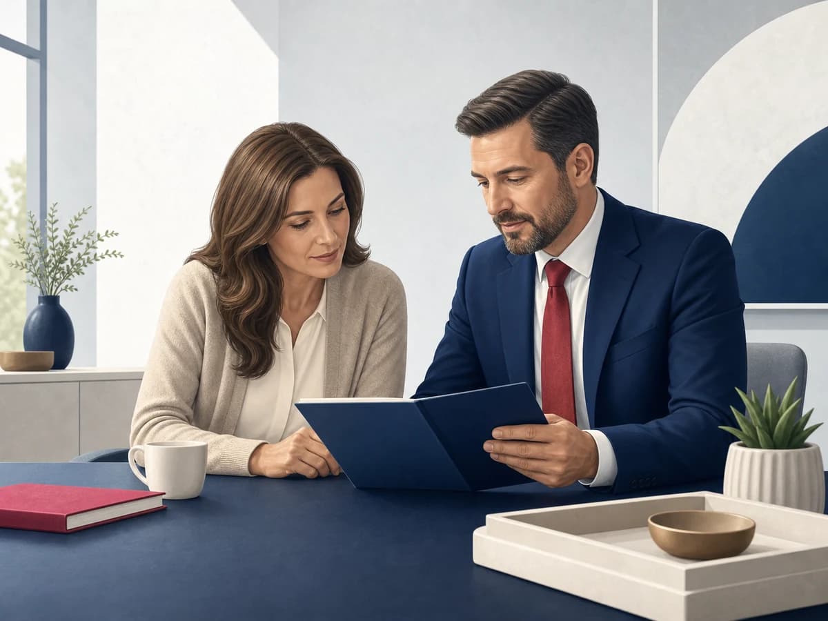 An attorney reviewing a case file with a client